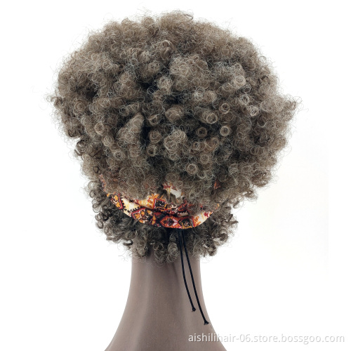 Short Headband Wig Afro Wave  Synthetic Wigs with Brown Mix White Hair for women